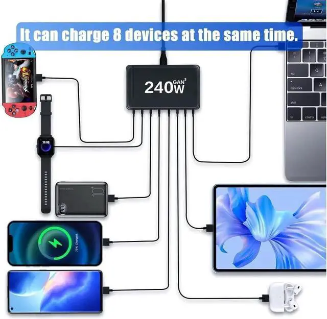 Alt view image 5 of 7 - 8 Port USB C Charger 240W QC3.0 PD3.0 GaN Charger Type C Adapter with Fast Desk Charger Compatible for iPhone, MacBook Pro, iPad Pro, Switch, Galaxy S22/S21