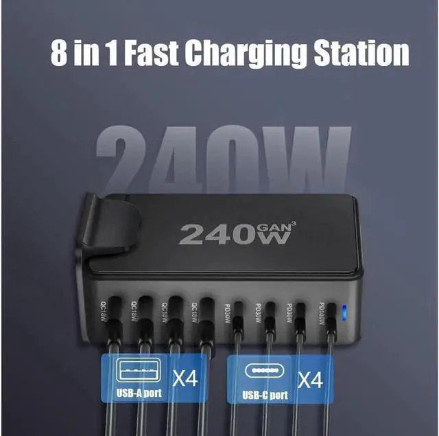 Alt view image 7 of 7 - 8 Port USB C Charger 240W QC3.0 PD3.0 GaN Charger Type C Adapter with Fast Desk Charger Compatible for iPhone, MacBook Pro, iPad Pro, Switch, Galaxy S22/S21