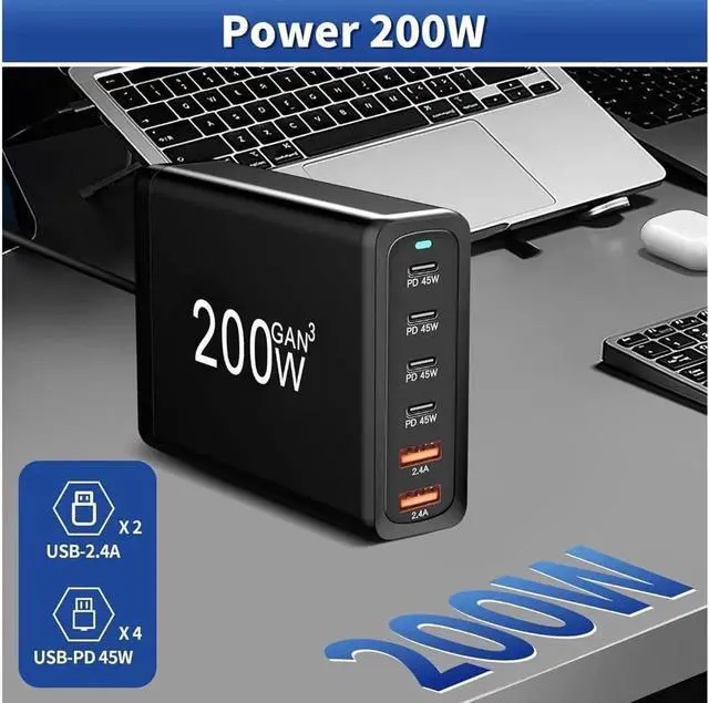 Alt view image 5 of 7 - GaN 200W Fast Charger 6-Port USB A/C Charger QC3.0 PD3.0 Quick Charge for MacBook Pro/Air, Dell XPS,iPhone 15 Pro Cell Phone Charger Desk Charger Adapter