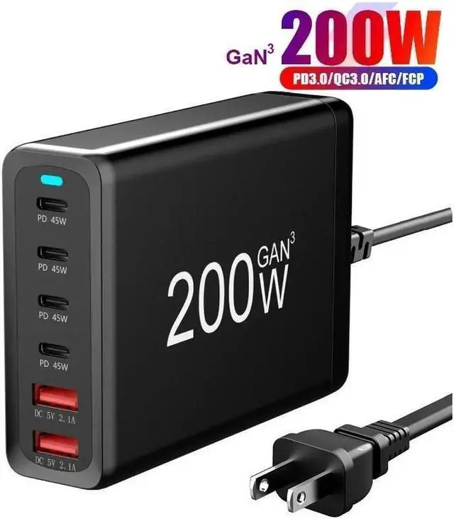 Main image of GaN 200W Fast Charger 6-Port USB A/C Charger QC3.0 PD3.0 Quick Charge for MacBook Pro/Air, Dell XPS,iPhone 15 Pro Cell Phone Charger Desk Charger Adapter