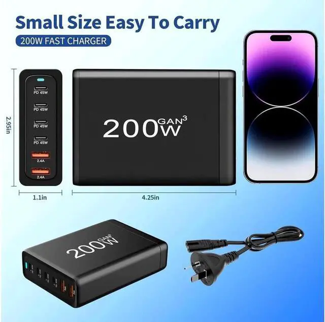 Alt view image 2 of 7 - GaN 200W Fast Charger 6-Port USB A/C Charger QC3.0 PD3.0 Quick Charge for MacBook Pro/Air, Dell XPS,iPhone 15 Pro Cell Phone Charger Desk Charger Adapter