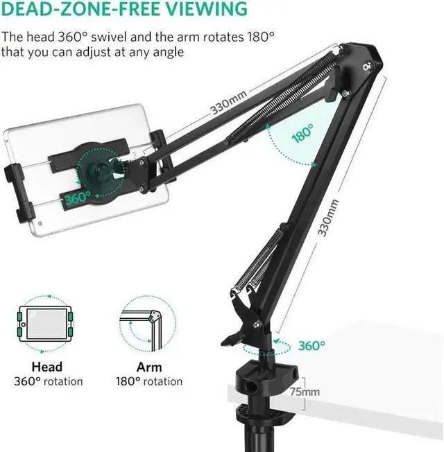 Alt view image 7 of 7 - Tablet Mount Lazy Holder Adjustable Long Arm Clamp Compatible for iPad Air Pro Mini, iPhone X 8 7 6 6S, Samsung Galaxy S9 Plus S8, Nintendo Switch, All 4"-12.9" Cell Phone and Tablet
