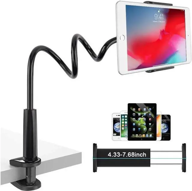 Main image of Gooseneck Tablet Holder - Flexible Arm 360 Mount Clip Bracket Clamp Stand Compatible with iPhone SE 11 Pro XS Max XR X, Samsung, Switch ipad Kindle and More 4.7-10.6inch Devices (Black)