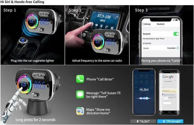 Alt view image 4 of 6 - Bluetooth FM Transmitter for Car Wireless Bluetooth FM Car Adapter with QC3.0 USB Charger, 7 Colorfunl LED Backlit, Hands-Free Calling, MP3 Player Car Charger Support TF Card/AUX