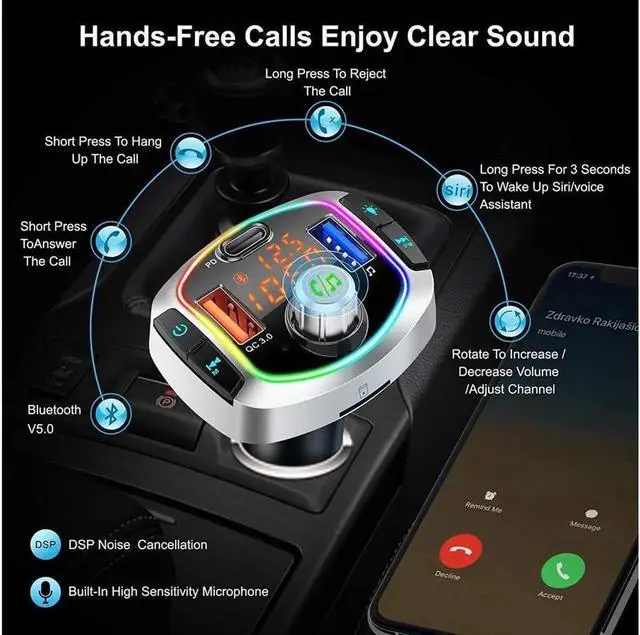 Alt view image 2 of 7 - V5.0 Bluetooth FM Transmitter for Car, QC3.0/18W Charge + USB-C PD, Wireless Radio Car Adapter,LED Backlit Support Siri Google Assitant, U Disk, SD Card, Hands-Free Car Kit