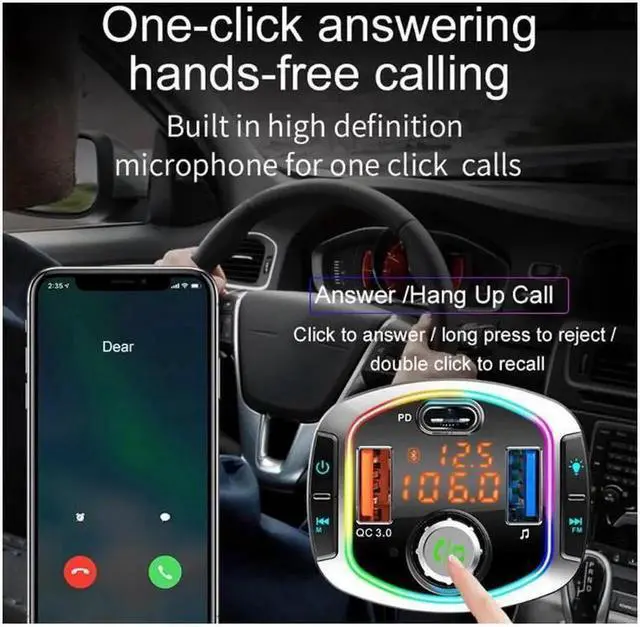 Alt view image 3 of 7 - Bluetooth FM Transmitter Car Radio Audio Adapter MP3 Player Handsfree Car Kit with Dual USB Ports QC3.0/18W + USB-C PD Car Voltage Play TF Card/USB Flash Drive LED Backlit for