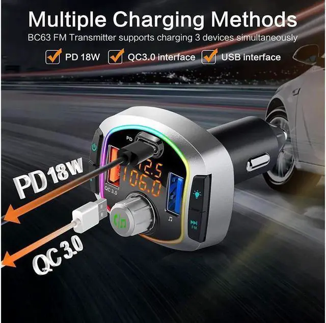 Alt view image 5 of 7 - Bluetooth FM Transmitter Car Radio Audio Adapter MP3 Player Handsfree Car Kit with Dual USB Ports QC3.0/18W + USB-C PD Car Voltage Play TF Card/USB Flash Drive LED Backlit for