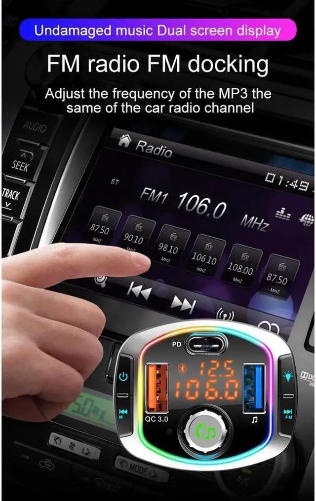 Alt view image 7 of 7 - Bluetooth FM Transmitter Car Radio Audio Adapter MP3 Player Handsfree Car Kit with Dual USB Ports QC3.0/18W + USB-C PD Car Voltage Play TF Card/USB Flash Drive LED Backlit for