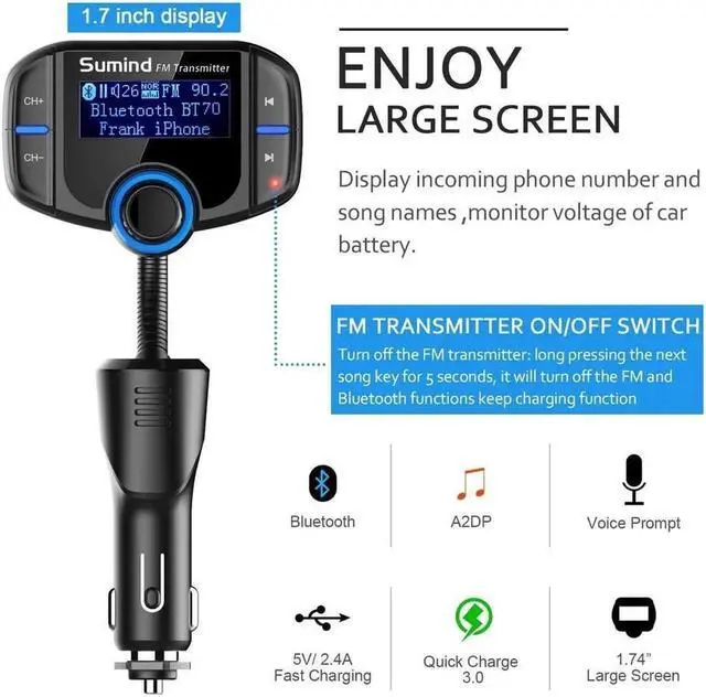 Alt view image 3 of 7 - BT70 (2021 Version) FM Transmitter with 1.7 Inch led Display, Bluetooth FM Transmitter Wireless Radio Adapter Car Kit with Dual USB Charging Car Charger MP3 Player Support TF Card & USB Disk