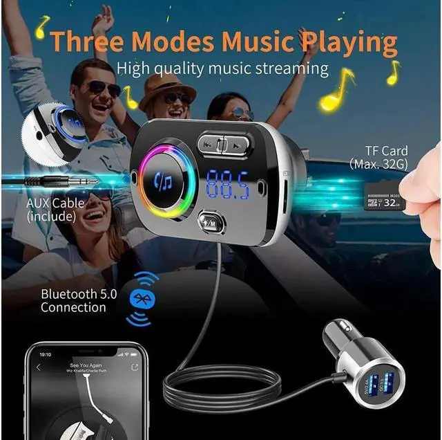 Alt view image 7 of 7 - Bluetooth 5.0 FM Car Transmitter Radio Receiver QC3.0 Dual USB Car Charger Aux in/Out Wireless Audio Music Adapter with Hands Free Calls and Voice Assistant with 7 Colors LED Backlit