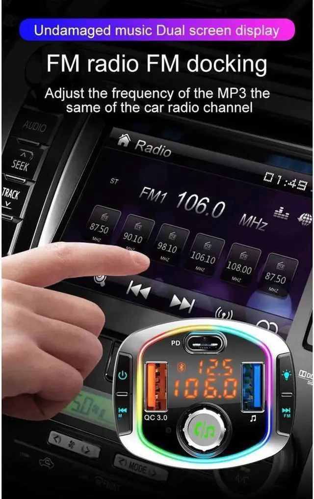 Alt view image 7 of 7 - FM Transmitter, Bluetooth 5.0 FM Transmitter Wireless Radio Adapter Car Kit with QC3.0/18W Dual USB Charging + USB-C PD Car Charger MP3 Player, LED Backlit Support TF Card & USB Disk