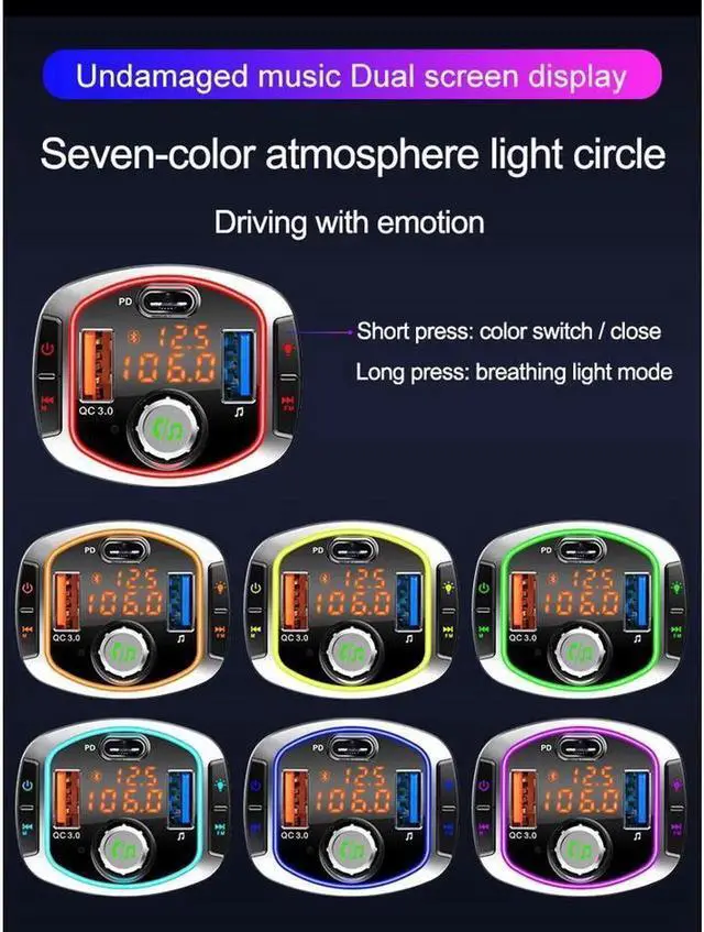 Alt view image 2 of 7 - FM Transmitter, Bluetooth 5.0 FM Transmitter Wireless Radio Adapter Car Kit with QC3.0/18W Dual USB Charging + USB-C PD Car Charger MP3 Player, LED Backlit Support TF Card & USB Disk