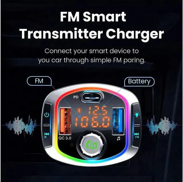 Alt view image 2 of 7 - Bluetooth FM Transmitter for Car BT 5.0 &QC3.0/18W Wireless Bluetooth FM Audio Adapter Music Player Car Kit with Hands-Free Calling 2 USB Ports+USB-C PD Hi-Fi Music,LED Backlit Support