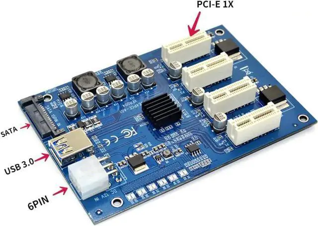 Alt view image 4 of 4 - M.2 M Key/PCI-E X1 to 4 PCI-E X16 Expansion Card 1 to 4 Port PCI Express Switch Multiplier HUB 6pin Sata USB Riser Card for BTC Miner Ethereum Mining ETH (PCI-E 1X Port)
