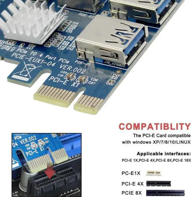 Alt view image 6 of 7 - BGNing 1 to 4 PCI Express 16X Slots Riser Card PCI-E 1X to External 4 PCI-E Slot Adapter PCIe Multiplier Card USB 3.0 Mining Special Riser Card for Bitcoin Miner