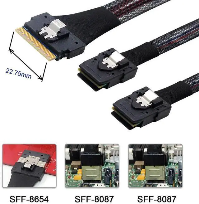 Alt view image 2 of 3 - PCI-E Ultraport Slimline SAS Slim 4.0 SFF-8654 8i 74pin to Dual SFF-8087 Mini SAS Cable PCI-Express