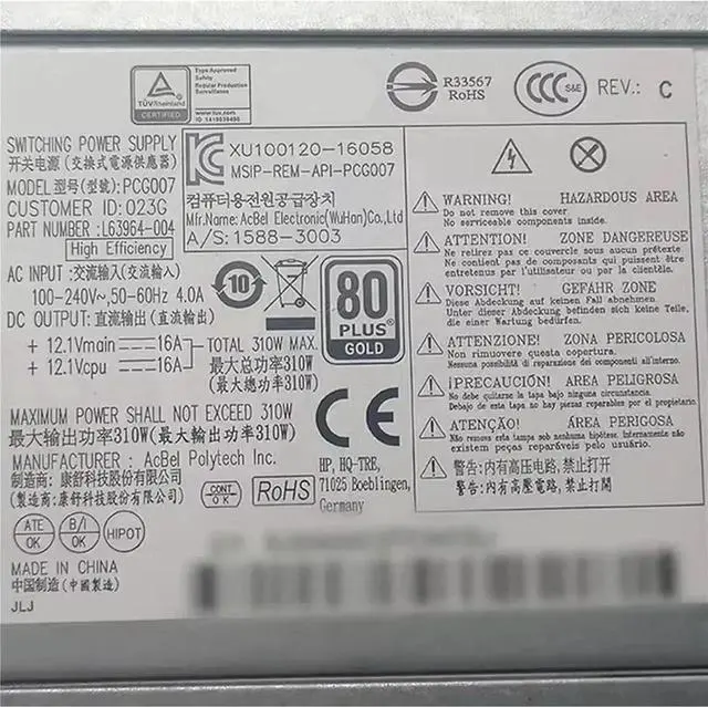 Alt view image 3 of 6 - L63964-004 310W for PCG007 M01-F TP01 400G4 282G3 Power Supply Replacement Parts