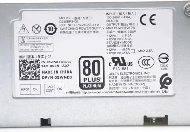 Alt view image 2 of 6 - PSU for Optiplex 3050 5050 7050 7070 240W Switching Power Supply D240EPS-00 05WNDJ 5WNDJ CN-05WNDJ DPS-240AB-11 A