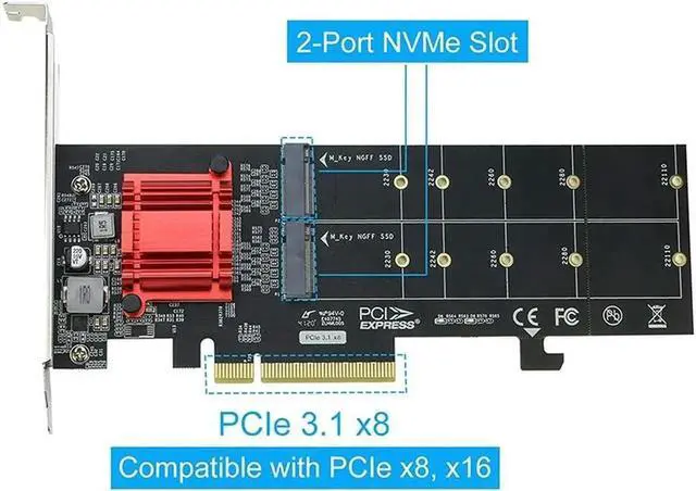 Alt view image 3 of 4 - Ruth's sister Dual NVMe PCIe Adapter,M.2 NVMe SSD to PCI-E 3.1 X8/X16 Card Support M.2 (M Key) NVMe SSD 22110/2280/2260/2242