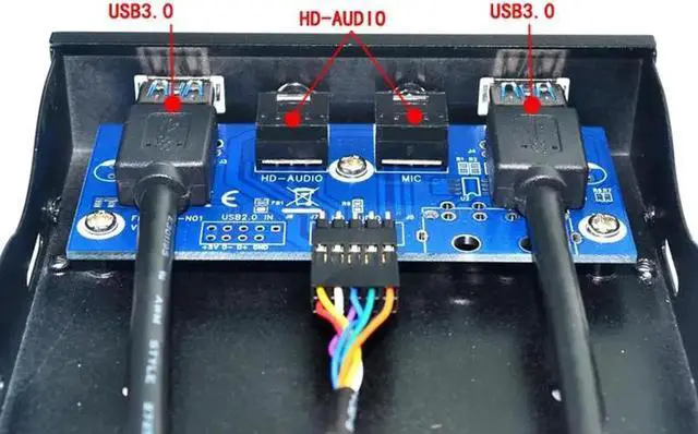 Alt view image 4 of 6 - 3.5" Floppy Bay 19Pin to USB 3.0 Hub HD Audio Earphone Mic Connector 2Port USB3.0 PC Front Panel Bracket with Cable for Computer