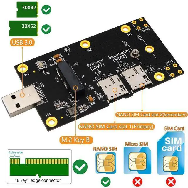 Alt view image 6 of 6 - NGFF M.2 to USB 3.0 Adapter Expansion Card with Dual NANO SIM Card Slot for 3G/4G/5G Module Support M2 key B 3042/3052 Wifi Card