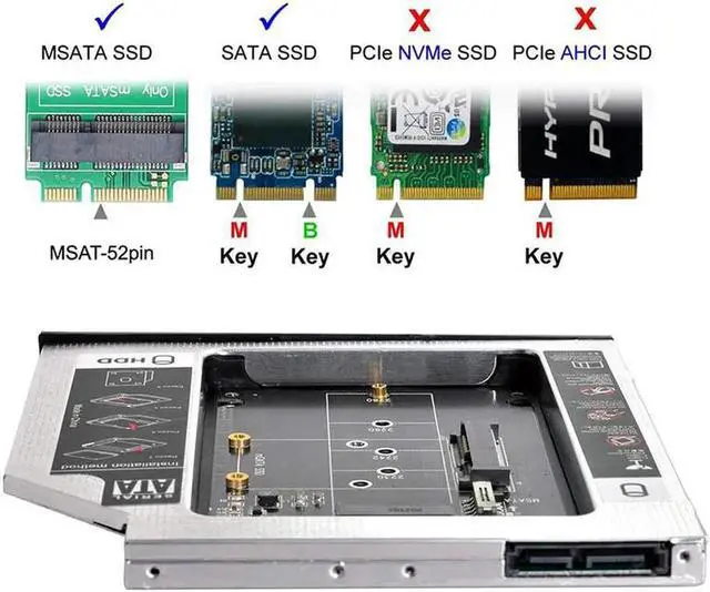 Alt view image 2 of 3 - MSATA NGFF B/M-Key SSD to Slimline SATA 13Pin Caddy Case for 9.5mm Universal Laptop CD/DVD-ROM Optical Bay