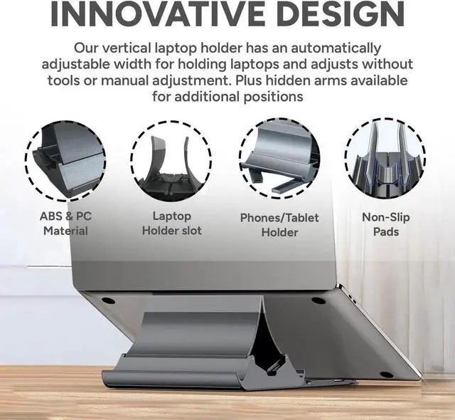 Alt view image 7 of 7 - Vertical Laptop Stand - Automatic Adjustable Multi-Device Organizer With Non-Slip Silicone Pad - Ideal Home & Office Stand for Men & Women - Desk Dock