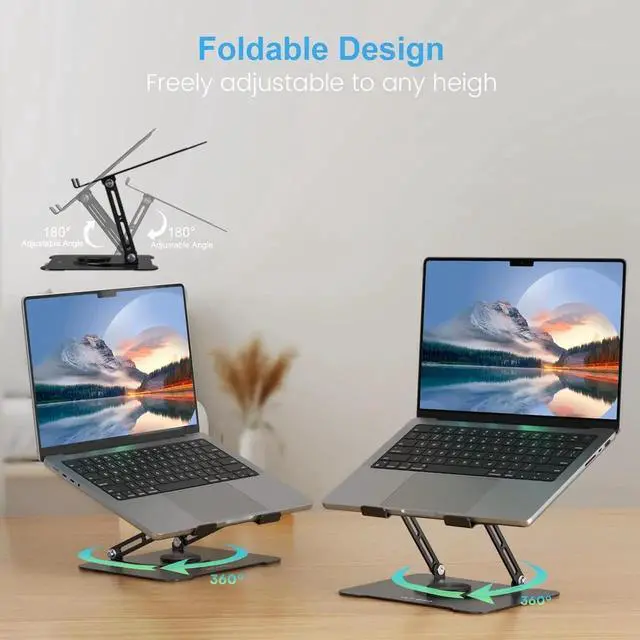 Alt view image 2 of 7 - Adjustable Laptop Stand for Desk Swivel Laptop Stand with 360 Rotating Base Ergonomic Foldable Aluminum Metal Portable Laptop Table Stand for MacBook HP 11-17.3 inch Black