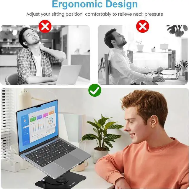 Alt view image 3 of 7 - Adjustable Laptop Stand for Desk Swivel Laptop Stand with 360 Rotating Base Ergonomic Foldable Aluminum Metal Portable Laptop Table Stand for MacBook HP 11-17.3 inch Black