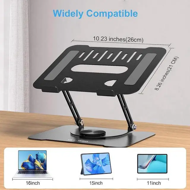 Alt view image 5 of 7 - Adjustable Laptop Stand for Desk Swivel Laptop Stand with 360 Rotating Base Ergonomic Foldable Aluminum Metal Portable Laptop Table Stand for MacBook HP 11-17.3 inch Black