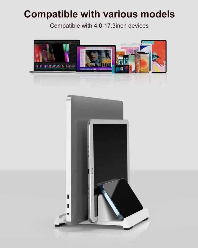 Alt view image 3 of 6 - Vertical Laptop Stand for Desk Dual Slots Plastic Laptop Holder with Space Saving 4-in-1 Design Adjustable Laptop Stand Supports MacBook Chromebook Surface (White)