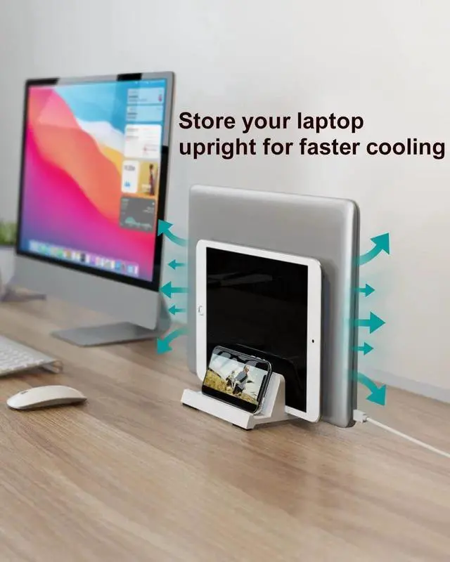 Alt view image 5 of 6 - Vertical Laptop Stand for Desk Dual Slots Plastic Laptop Holder with Space Saving 4-in-1 Design Adjustable Laptop Stand Supports MacBook Chromebook Surface (White)