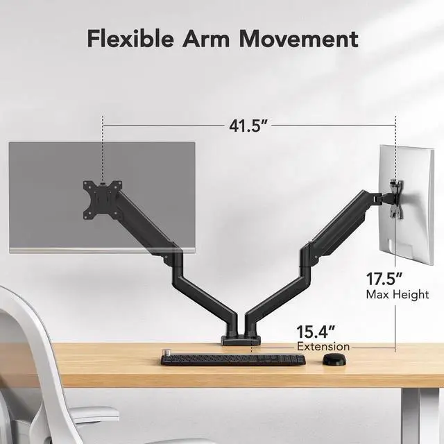 Alt view image 6 of 6 - Dual Monitor Mount for 2 Monitors up to 32 inches Each Arm Holds Max 22lbs Dual Monitor Stand with Gas Spring System Height-Adjustable/Tilt/Swivel/Rotate VESA Standard 75mm or 100mm