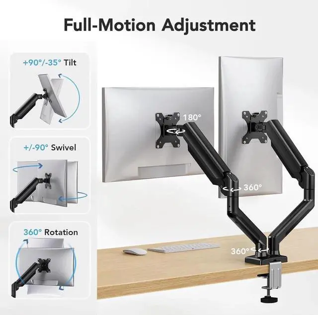 Main image of Dual Monitor Mount for 2 Monitors up to 32 inches Each Arm Holds Max 22lbs Dual Monitor Stand with Gas Spring System Height-Adjustable/Tilt/Swivel/Rotate VESA Standard 75mm or 100mm