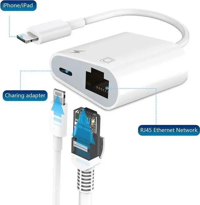 Alt view image 2 of 7 - MFi Certified Lightning to Ethernet Adapter - 2 in 1 RJ45 Ethernet LAN Network Adapter with Charge Port for iPhone/iPad/iPod Plug and Play Supports 100Mbps Network