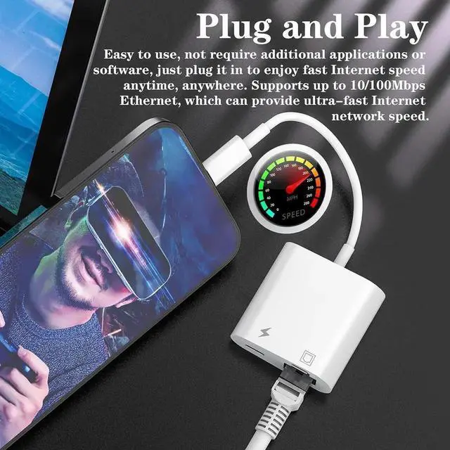 Alt view image 7 of 7 - MFi Certified Lightning to Ethernet Adapter - 2 in 1 RJ45 Ethernet LAN Network Adapter with Charge Port for iPhone/iPad/iPod Plug and Play Supports 100Mbps Network