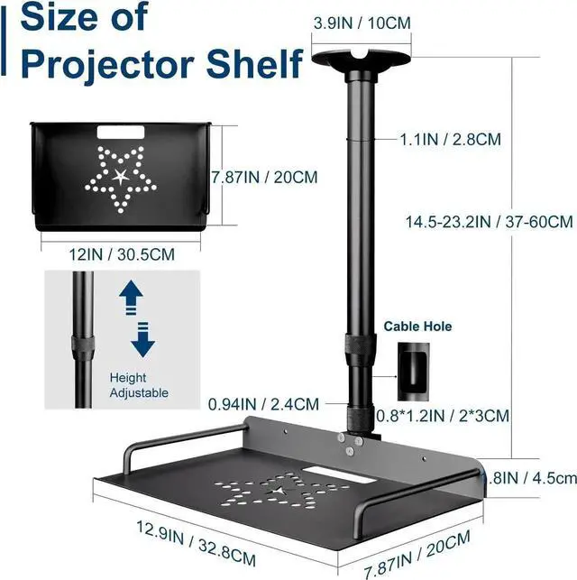 Alt view image 6 of 7 - Projector Ceiling Mount with Tray 14.5-23.2IN / 37-60CM Height Adjustable Universal Projector Ceiling Mount 360 Rotation Ceiling Projector Mount for Projector Camera (Black)
