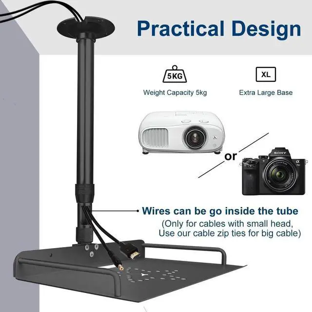 Alt view image 4 of 7 - Projector Ceiling Mount with Tray 14.5-23.2IN / 37-60CM Height Adjustable Universal Projector Ceiling Mount 360 Rotation Ceiling Projector Mount for Projector Camera (Black)