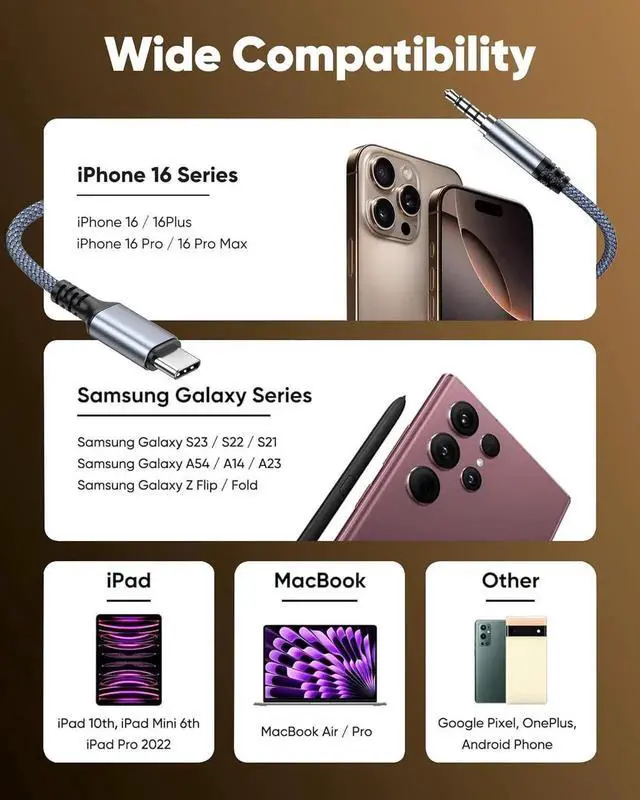 Main image of USB C to 3.5mm Aux Audio Cable (2-Pack 3.3FT) for iPhone 16/15 iPad Pro Galaxy S23 S22 S21 Android Pixel Headphone Type C to 3.5mm Headphone Car Stereo Cord
