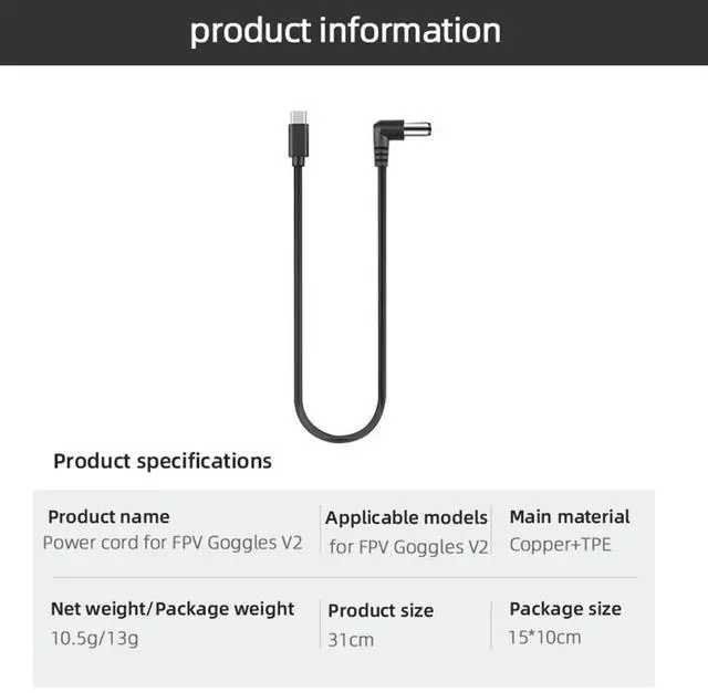 Alt view image 4 of 4 - Power Cable Flight Goggles Charging Cord Supply Cable for FPV Goggles V2 FPV Goggles USB Type C Male to DC Male