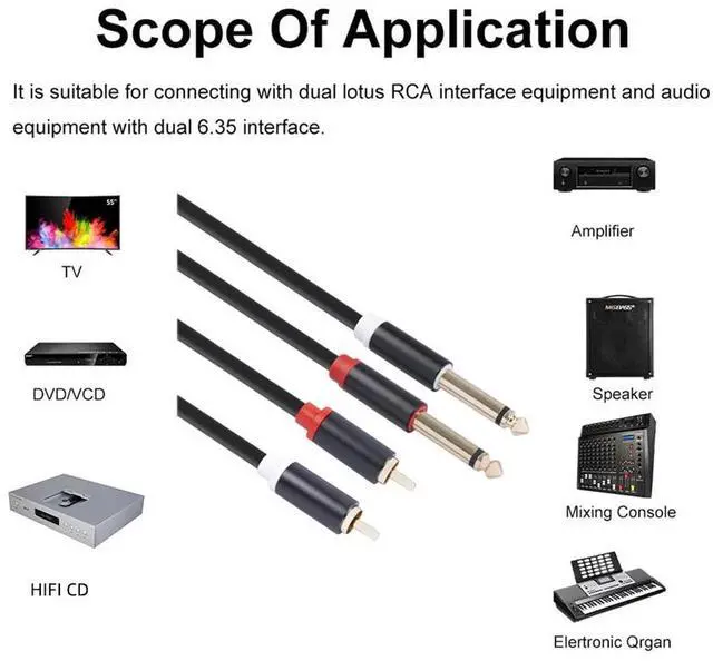 Alt view image 3 of 4 - 1.5m Audio Cable Gold-plated Plug Dual RCA Male to Dual 6.35mm Jack Male Audio Cable for Mixer Amplifier Splitter