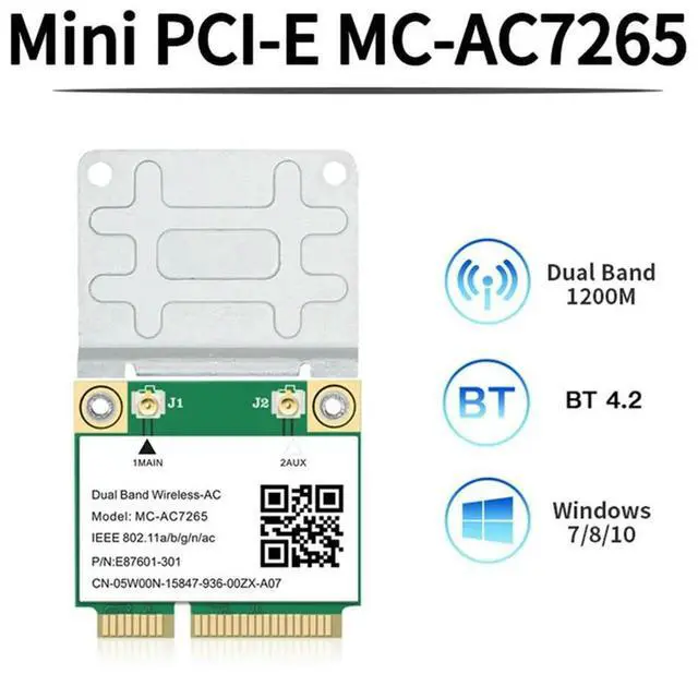 Alt view image 4 of 7 - 1200Mbps Wireless MC-AC7265 Dual Band Mini PCI-E Card Bluetooth 4.2 802.11Ac Dual Band 2.4G 5Ghz Adapter for Laptop