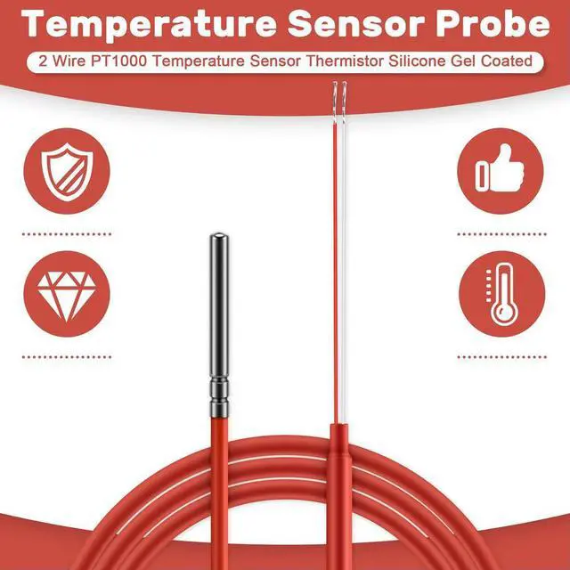 Alt view image 3 of 7 - 2 Wire PT1000 Temperature Sensor Thermistor Silicone Gel Coated 1.5Meters Probe 45mm x 5mm -50-180 Centigrade RTDs