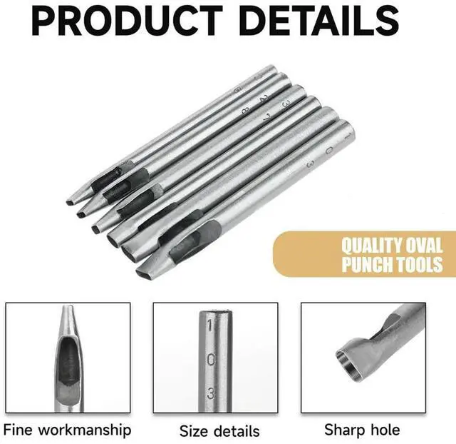Alt view image 2 of 4 - 6 Sizes Oval Hole Punch for Leather 6mm-10mm Hollow Leather Crafting Hand Punching Tool Kit for Leather Crafting