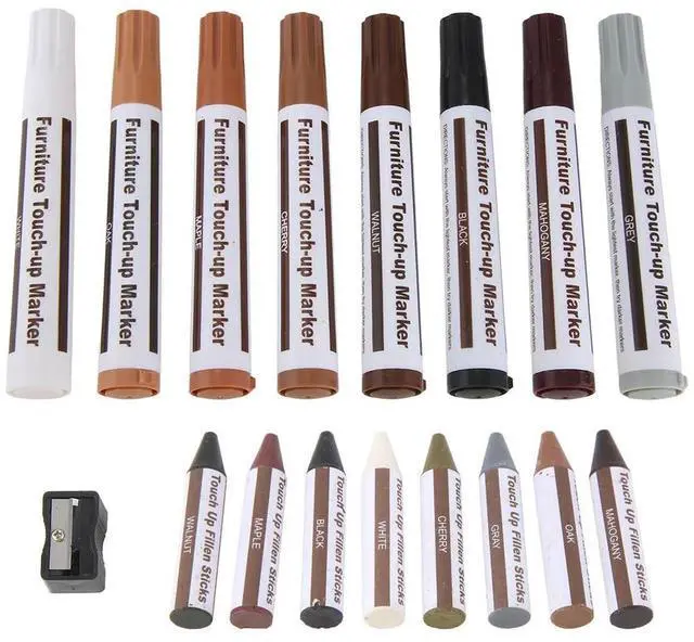 Alt view image 2 of 4 - Furniture Repair Kit Wood Markers - Set of 17 - Markers and Wax Sticks with Sharpener Kit, for Scratches, Wood Floors