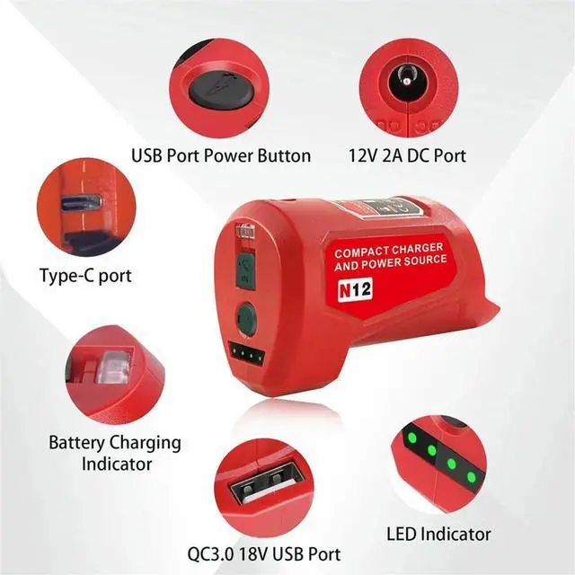 Alt view image 3 of 4 - N12 Power Source Adapter for Milwaukee 12V M12 Power Wheel Charger Adapter with 12V DC Port USB2.0 Port