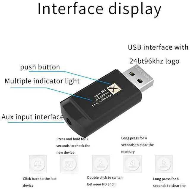 Alt view image 2 of 4 - QCC3040 24Bit 96Khz KB9P Bluetooth 5.2 Audio Transmitter with Mic AptX LL HD Adaptive Low Lantency 3.5Mm Aux for TV PC