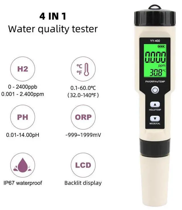 Alt view image 3 of 4 - 4 in 1 YY-400 PH/ORP/H2&TEM Meter Digital Hydrogen Ion Concentration Tester for Aquarium, Swimming Pool, Backlight