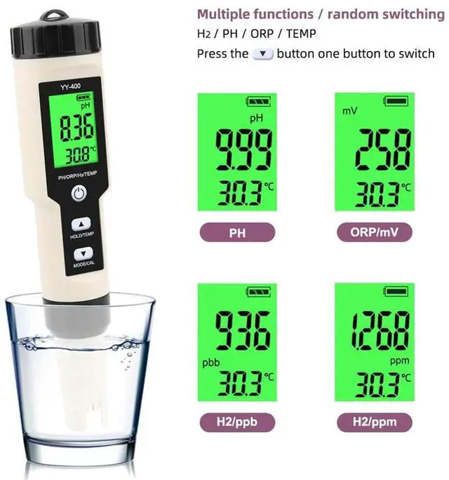 Alt view image 2 of 4 - 4 in 1 YY-400 PH/ORP/H2&TEM Meter Digital Hydrogen Ion Concentration Tester for Aquarium, Swimming Pool, Backlight