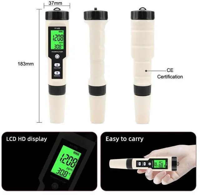 Alt view image 4 of 4 - 4 in 1 YY-400 PH/ORP/H2&TEM Meter Digital Hydrogen Ion Concentration Tester for Aquarium, Swimming Pool, Backlight